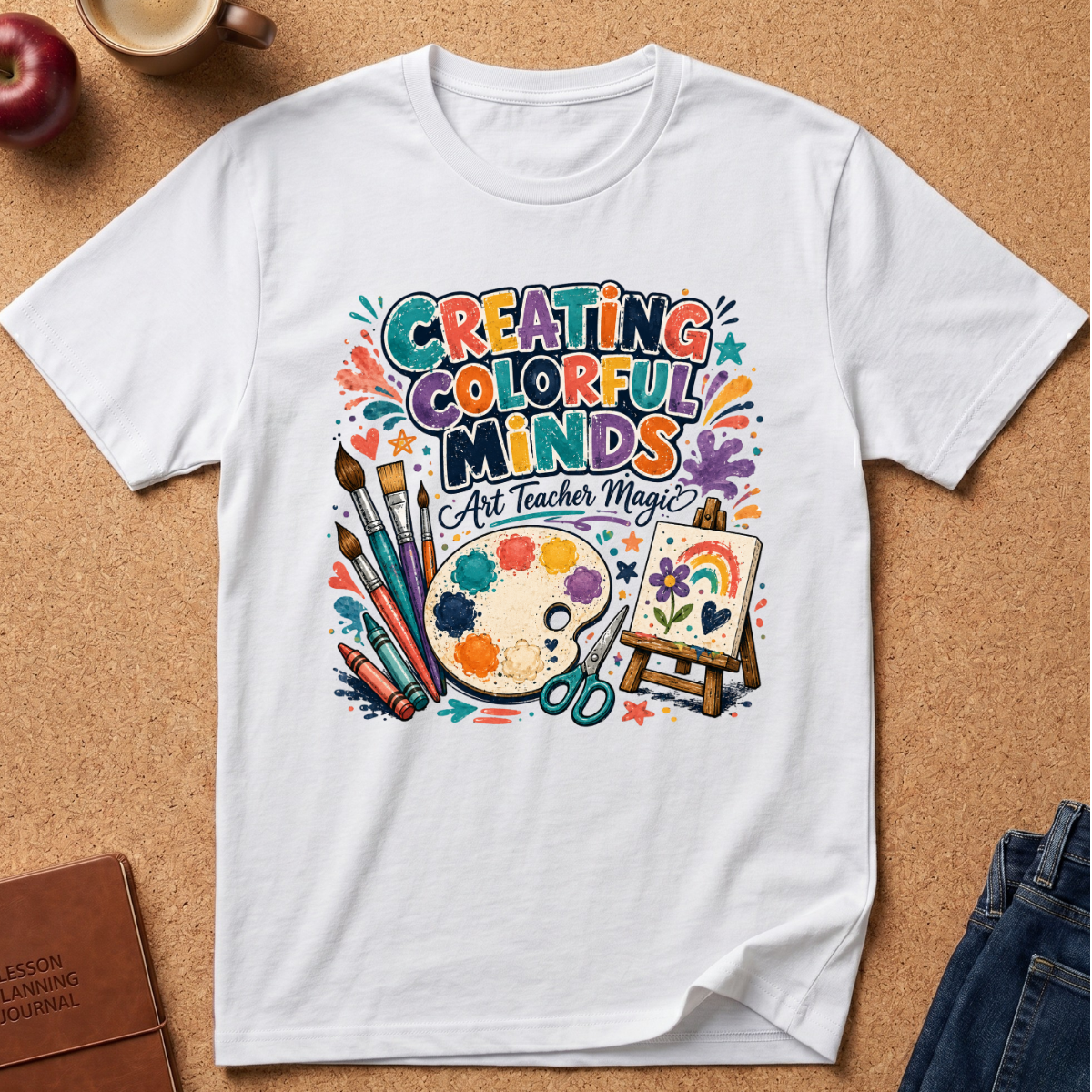 A white short-sleeve graphic T-shirt laid flat on a cork background, featuring colorful artwork and the text 'CREATING COLORFUL MINDS Art Teacher Magic' with paintbrushes, a palette, scissors, and an easel. Styled flat-lay props include an apple, coffee cup, notebook, and jeans around the shirt.