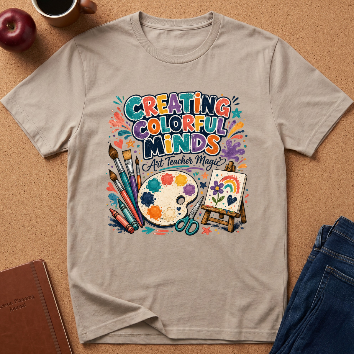A beige graphic t-shirt laid flat on a brown cork background, surrounded by lifestyle props including an apple, a notebook, a coffee cup, and blue jeans. The t-shirt features a colorful graphic with the text 'CREATING COLORFUL MINDS Art Teacher Magic' and illustrations of paintbrushes, a paint palette, scissors, and an art easel with a rainbow.