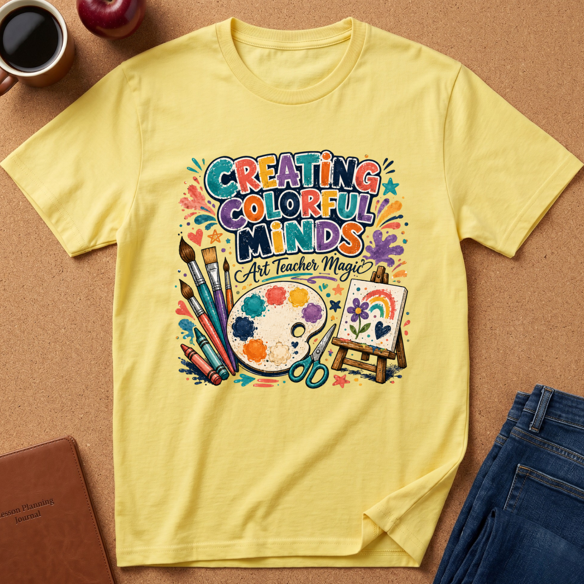 A yellow graphic t-shirt laid flat on a cork background, surrounded by lifestyle props including a coffee cup, an apple, a notebook, and folded blue jeans. The t-shirt features a colorful art-themed graphic that reads 'CREATING COLORFUL MINDS Art Teacher Magic' with illustrations of paintbrushes, a paint palette, scissors, and an easel.