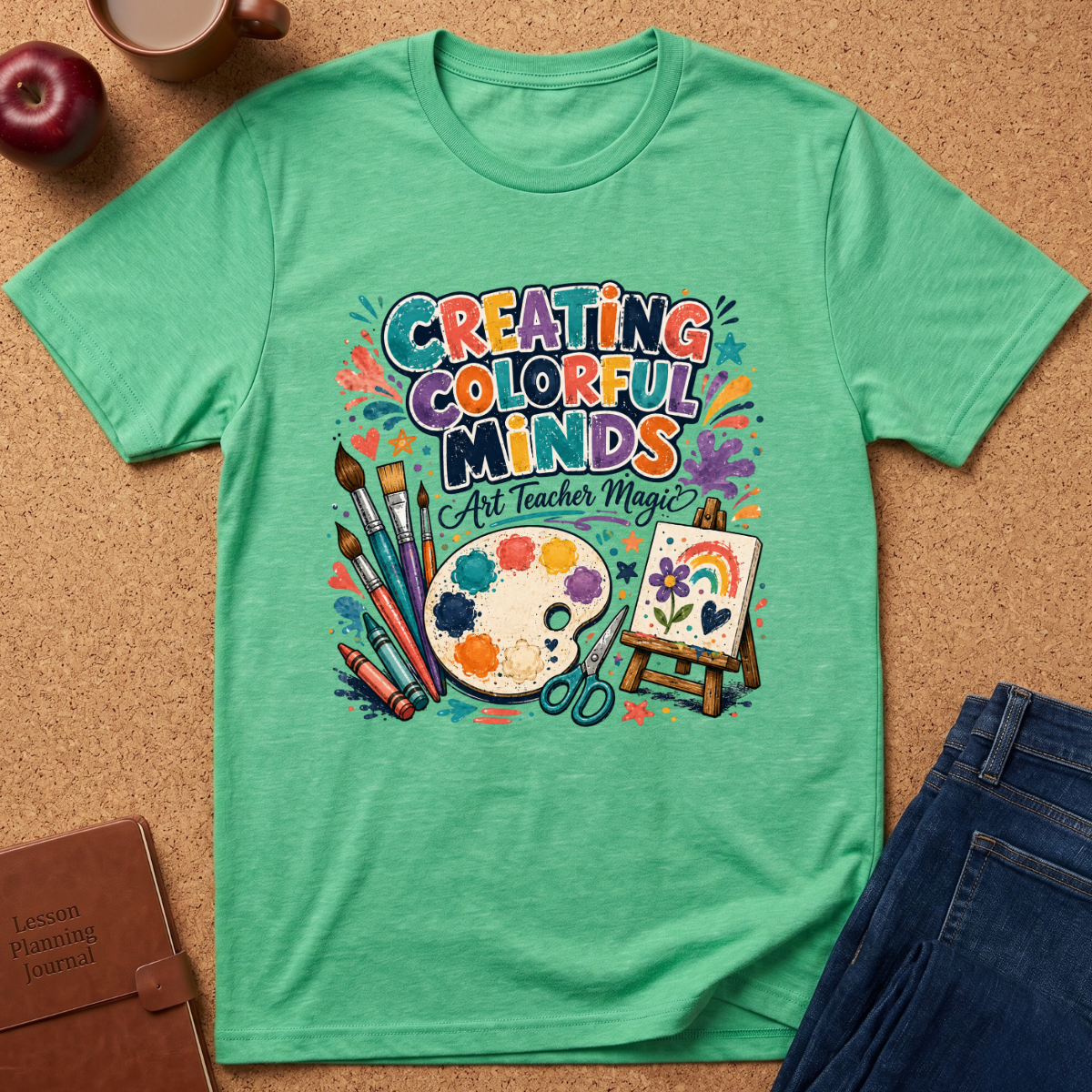 A mint green graphic t-shirt laid flat on a cork background, surrounded by styled props including an apple, a coffee cup, a brown journal, and blue jeans. The t-shirt features a colorful graphic that reads 'CREATING COLORFUL MINDS Art Teacher Magic' with paintbrushes, a paint palette, and an easel.