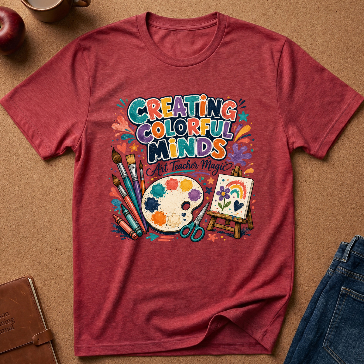 A heathered red graphic t-shirt laid flat on a brown textured surface, surrounded by lifestyle props including a coffee cup, an apple, a notebook, and blue jeans. The t-shirt features a colorful graphic with the text 'CREATING COLORFUL MINDS All Teachers Magic!' and illustrations of paintbrushes, a paint palette, scissors, and an art canvas.