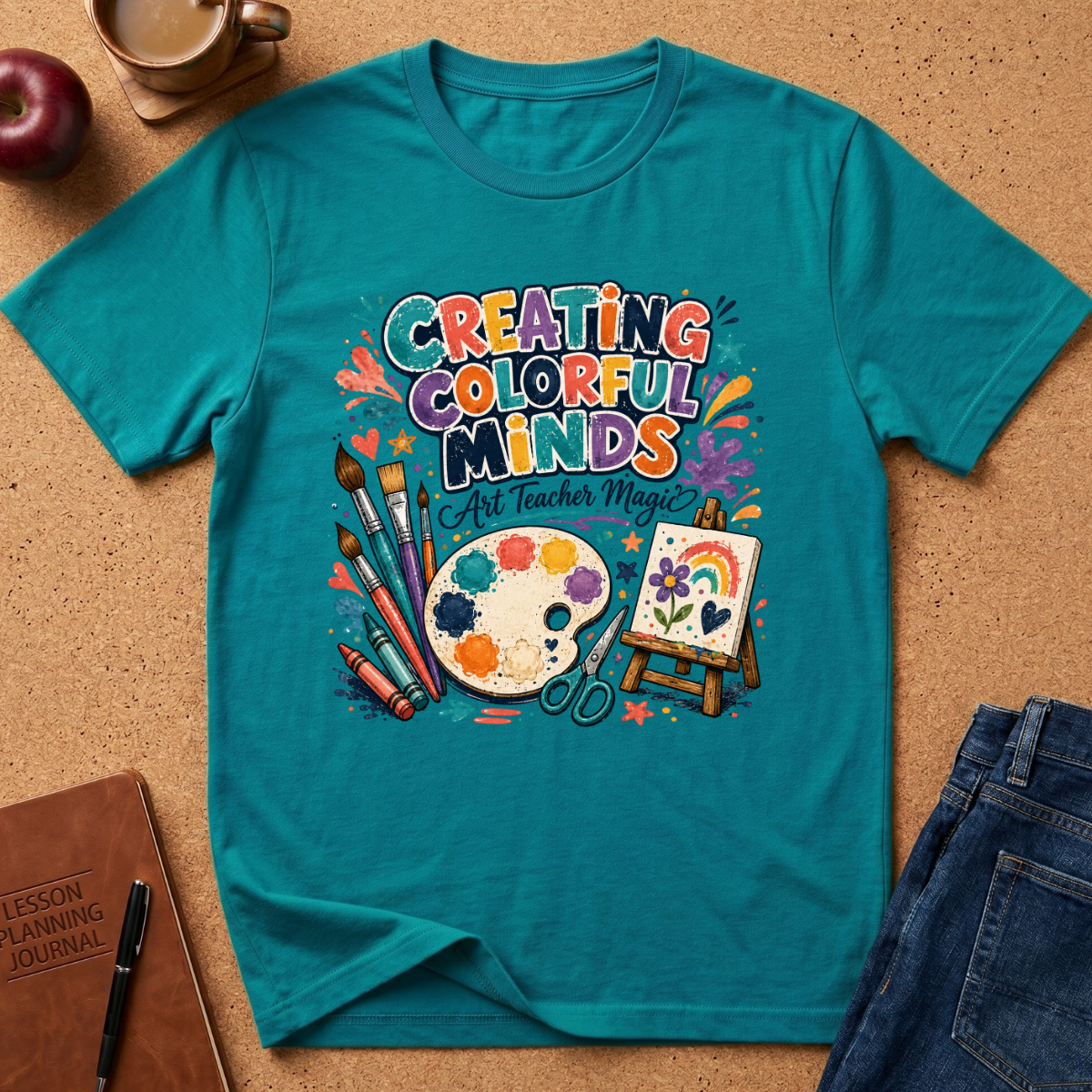 A teal short-sleeve graphic T-shirt laid flat on a cork surface, surrounded by styled props including an apple, coffee cup, notebook, pen, and jeans. The shirt features a colorful school-art-themed print reading “Creating Colorful Minds As Teachers Magic” with paintbrushes, a paint palette, scissors, and a small rainbow canvas.