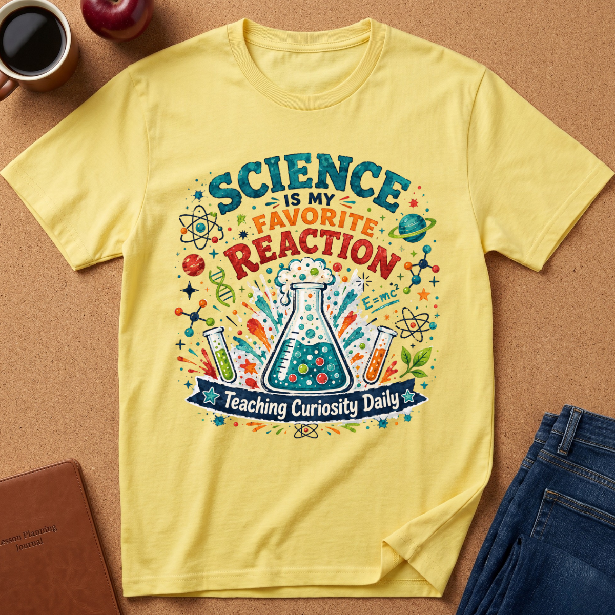 A yellow short-sleeve graphic T-shirt laid flat on a cork surface, surrounded by styled props including a coffee cup, apple, notebook, and jeans. The shirt features a colorful science-themed print with the text 'SCIENCE IS MY FAVORITE REACTION' and 'Teaching Curiosity Daily' around an illustration of a beaker, atoms, DNA, and other lab symbols.