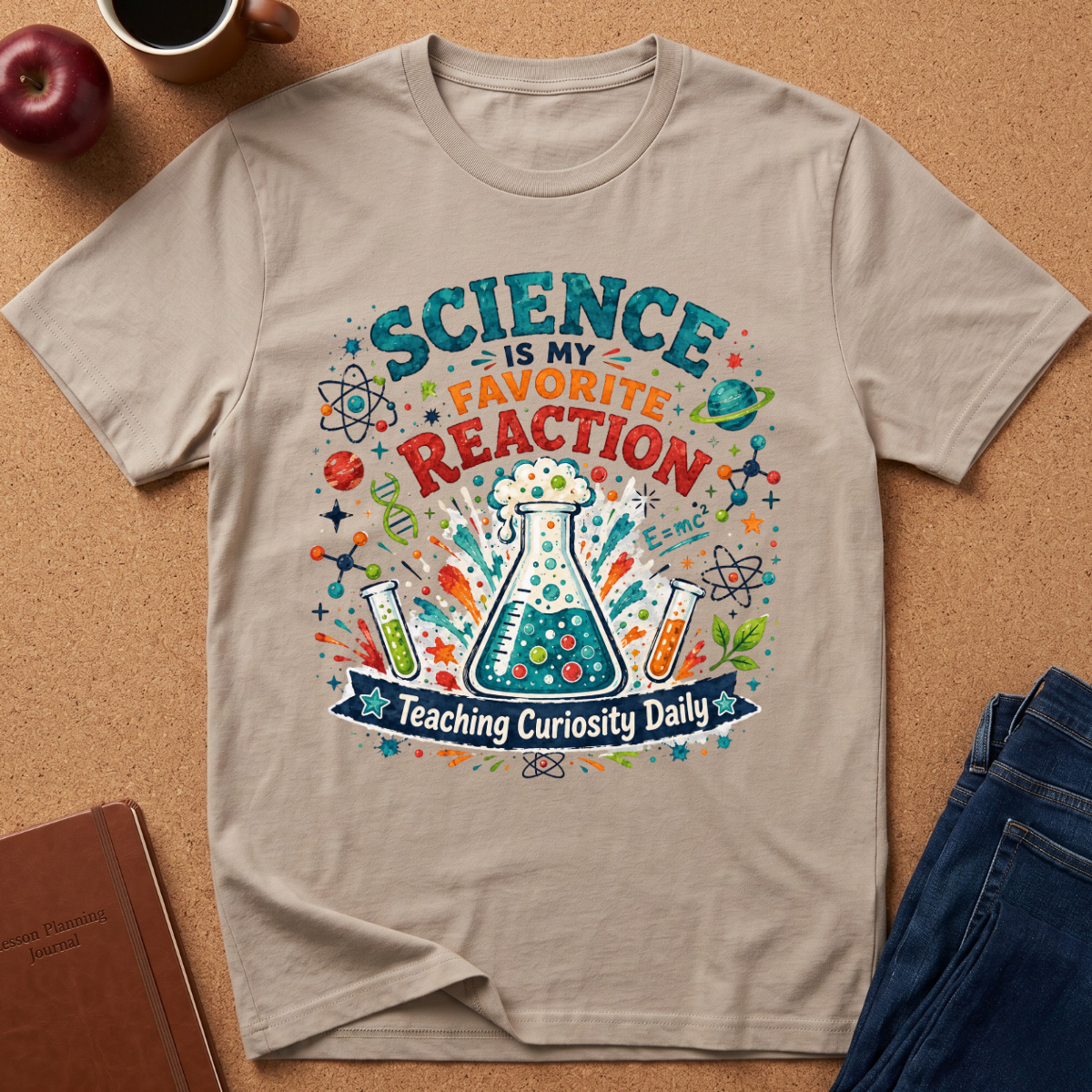A beige graphic t-shirt laid flat on a brown corkboard background, surrounded by lifestyle props including an apple, a coffee cup, a notebook, and a pair of jeans. The t-shirt features a colorful graphic with the text 'SCIENCE IS MY FAVORITE REACTION' and 'Teaching Curiosity Daily' surrounding a beaker and science icons.