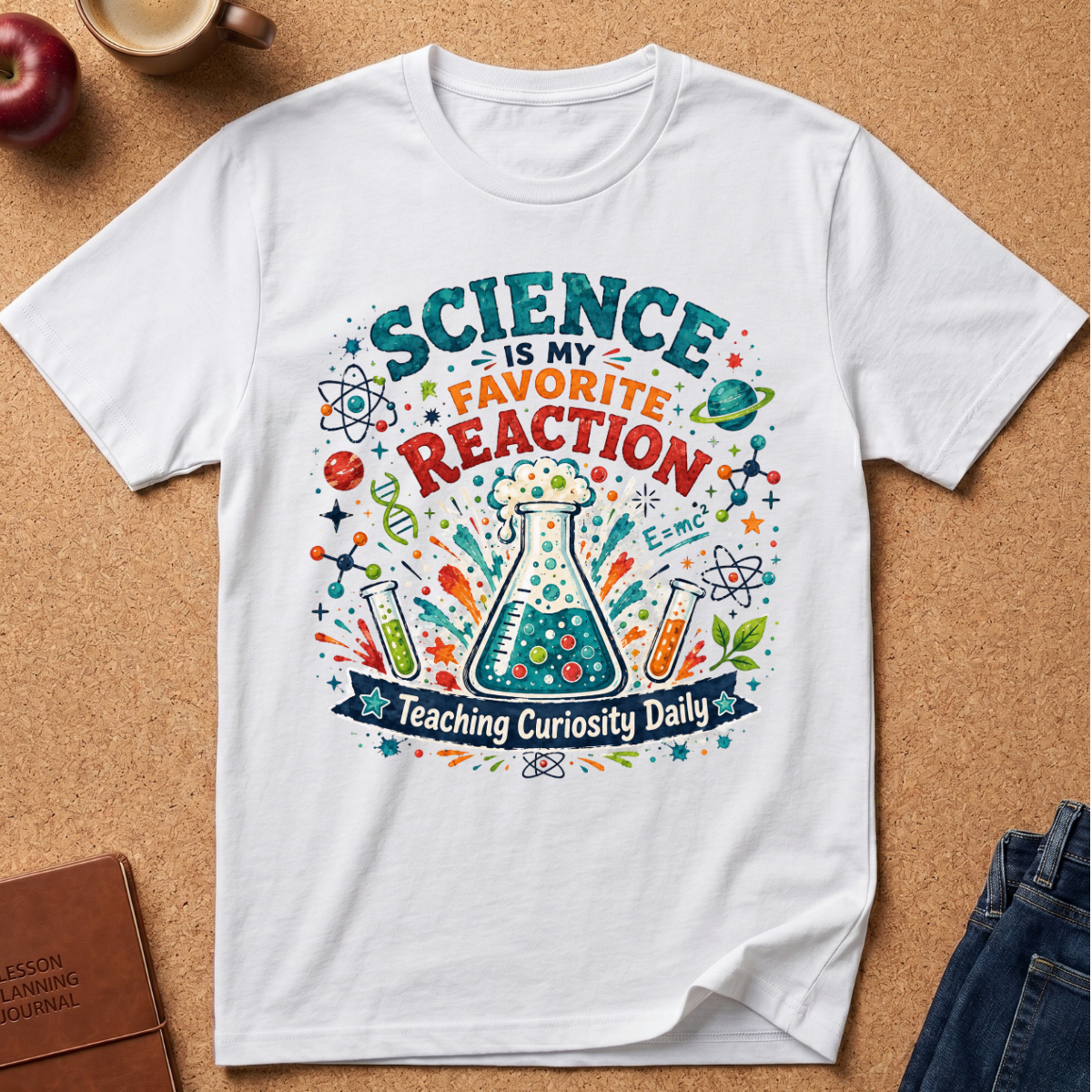 A white short-sleeve graphic T-shirt laid flat on a corkboard background, featuring colorful science-themed text and illustrations including atoms, a beaker, DNA helix, planets, and the phrase 'SCIENCE IS MY FAVORITE REACTION' with 'Teaching Curiosity Daily' below.