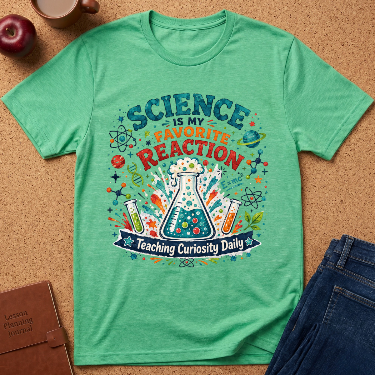 A mint green heathered graphic t-shirt laid flat on a cork background, surrounded by lifestyle props including an apple, a coffee cup, a brown journal, and blue jeans. The t-shirt features a colorful retro-style graphic with the text 'SCIENCE IS MY FAVORITE REACTION' and 'Teaching Curiosity Daily' surrounding a beaker, test tubes, and atoms.