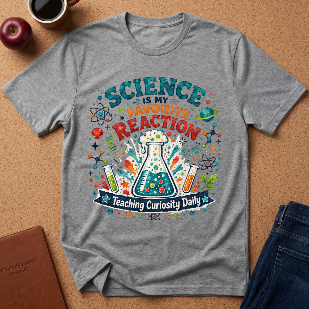 A heather gray short-sleeve t-shirt with a colorful graphic print that reads 'SCIENCE IS MY FAVORITE REACTION' and 'Teaching Curiosity Daily' with lab equipment illustrations, laid flat on a cork background with an apple, coffee cup, and jeans nearby.