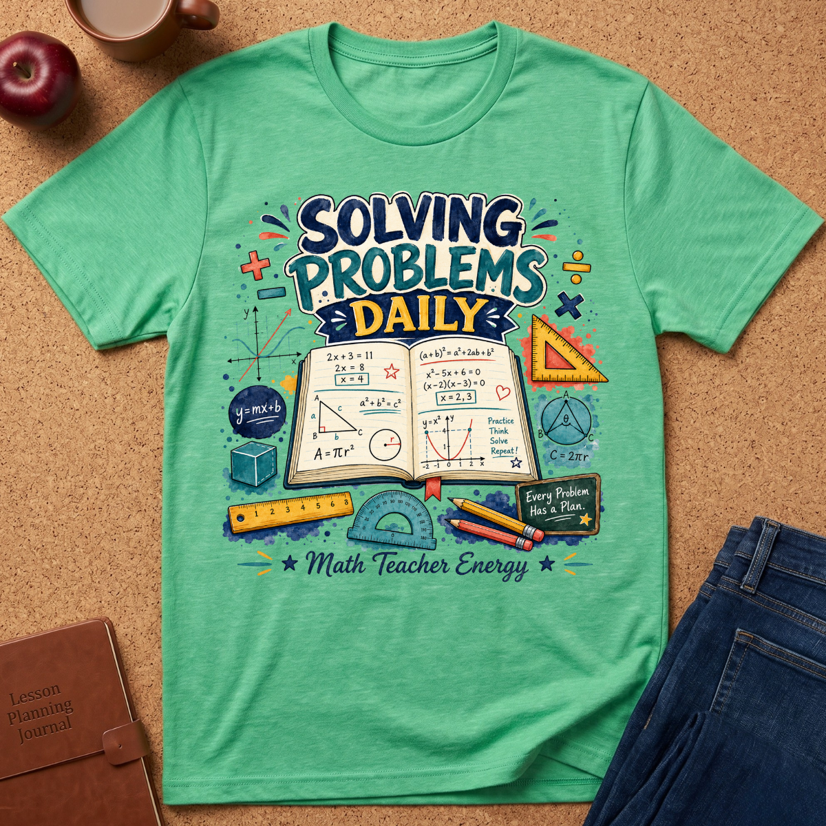 A mint green graphic t-shirt laid flat on a corkboard background, surrounded by school-themed props including an apple, a coffee cup, a notebook, and jeans. The t-shirt features a colorful graphic that reads 'SOLVING PROBLEMS DAILY' with math equations, an open book, and school supplies.