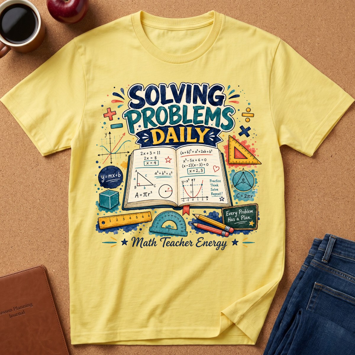 A yellow graphic t-shirt laid flat on a brown cork background, surrounded by lifestyle props including a coffee mug, an apple, a notebook, and blue jeans. The t-shirt features a colorful school-themed graphic that reads 'SOLVING PROBLEMS DAILY' and 'Math Teacher Energy' with illustrations of an open book, equations, a protractor, and pencils.