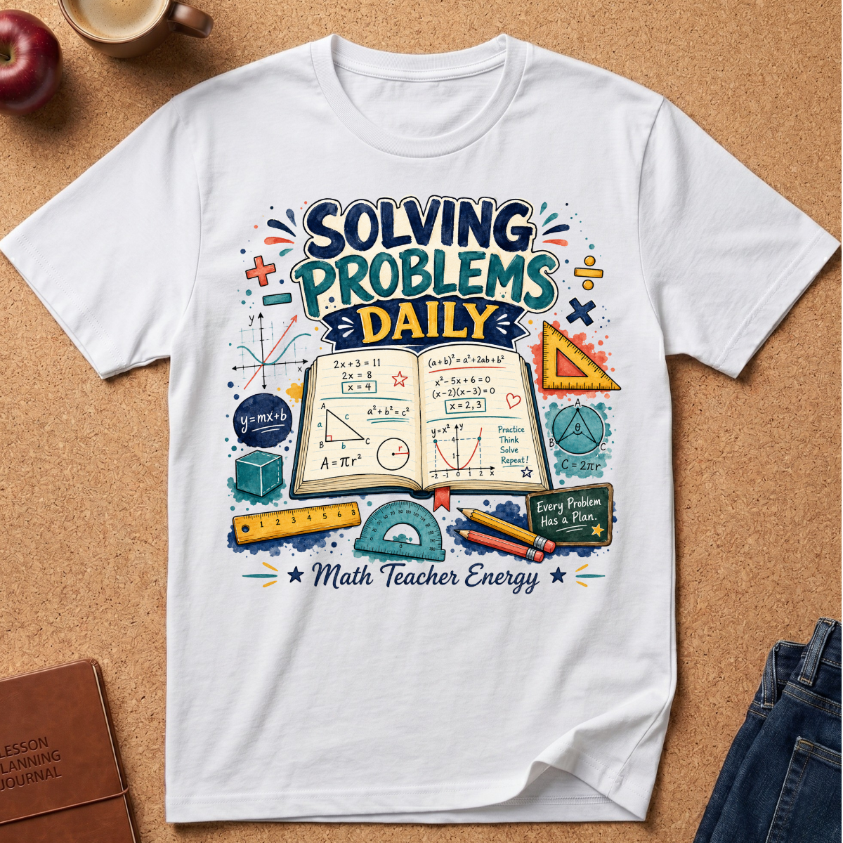 A white graphic t-shirt laid flat on a cork background, featuring a colorful school-themed print that reads 'SOLVING PROBLEMS DAILY' and 'Math Teacher Energy' with illustrations of an open book, equations, a protractor, pencils, and other math tools. Styled flat-lay props include an apple, a coffee cup, a journal, and folded jeans.