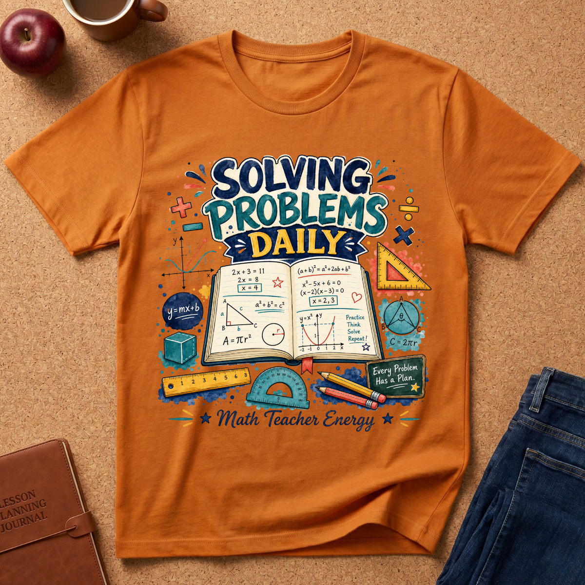 An orange graphic t-shirt laid flat on a cork background, surrounded by lifestyle props including a brown leather journal, a red apple, a coffee mug, and blue jeans. The t-shirt features a colorful school-themed graphic that reads 'SOLVING PROBLEMS DAILY' and 'Math Teacher Energy' with illustrations of an open notebook, equations, a ruler, a protractor, and pencils.
