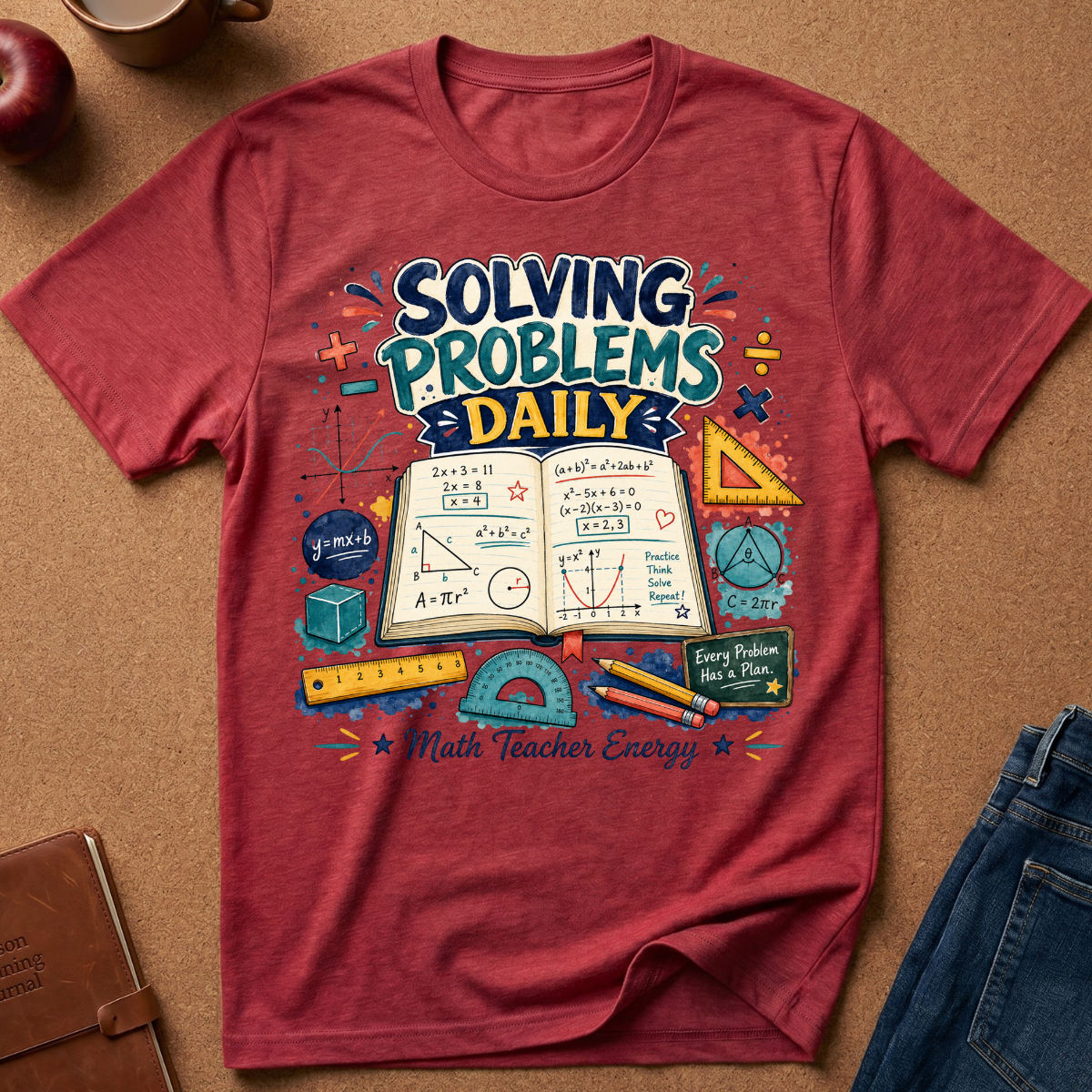 A heathered red graphic t-shirt laid flat on a brown textured surface, surrounded by school supplies and casual props. The shirt features a colorful graphic with the text 'SOLVING PROBLEMS DAILY' and 'Math Teacher Energy' along with illustrations of an open book, equations, a protractor, ruler, pencils, and a chalkboard.