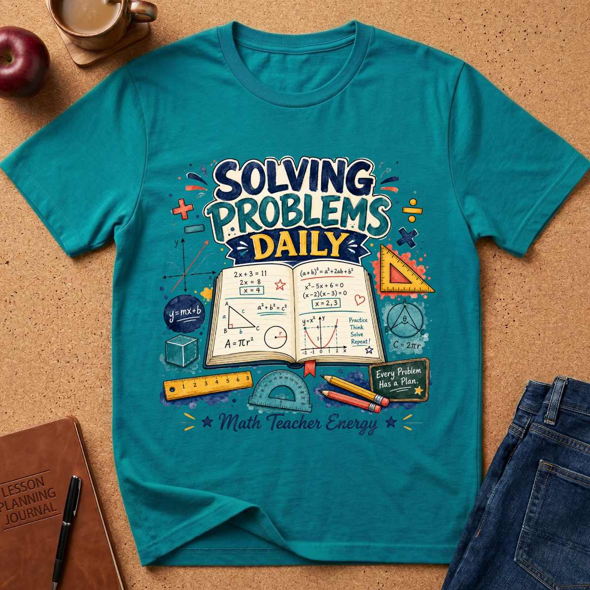 A teal short-sleeve graphic T-shirt laid flat on a cork surface, surrounded by school-themed props including an open notebook with equations, a ruler, pencils, a notebook, and jeans. The shirt graphic reads “SOLVING PROBLEMS DAILY” with math symbols and illustrations.
