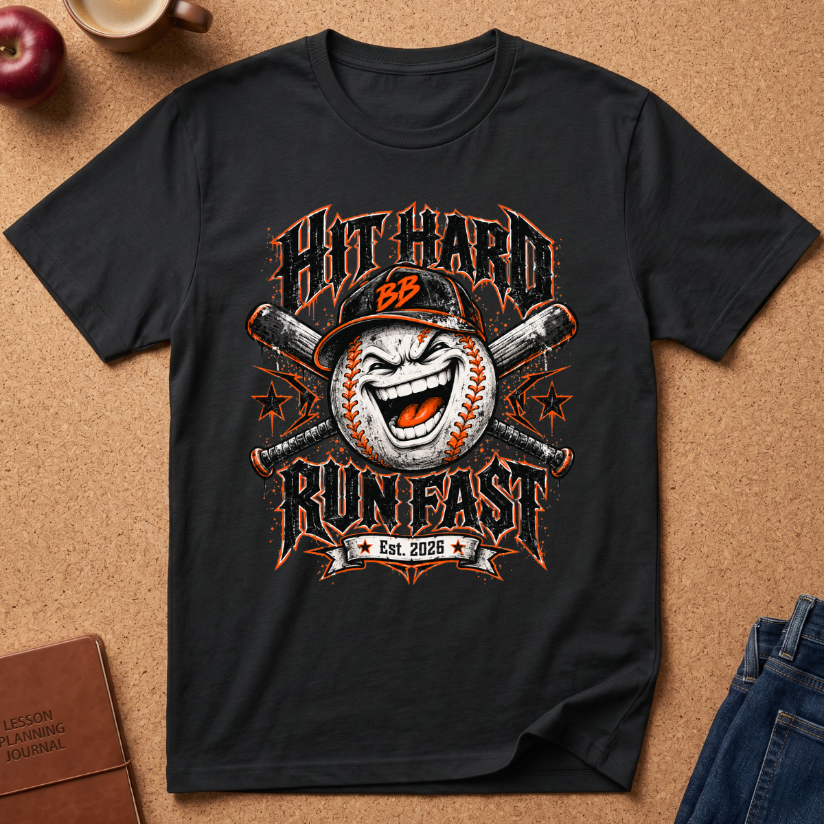 A black graphic t-shirt laid flat on a cork background, featuring a baseball-themed design with crossed bats, a laughing baseball, and the text 'Hit Hard Run Fast' with 'Est. 2026'.