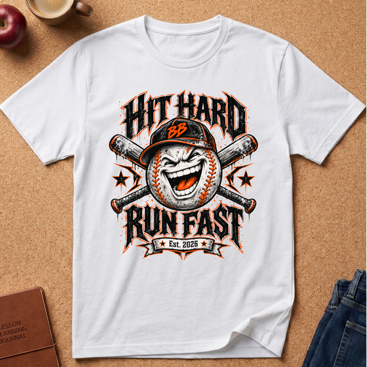 A white short-sleeve graphic T-shirt laid flat on a cork background, featuring a baseball-themed print with crossed bats, a laughing baseball, and the text 'HIT HARD RUN FAST' plus 'Est. 2026'.