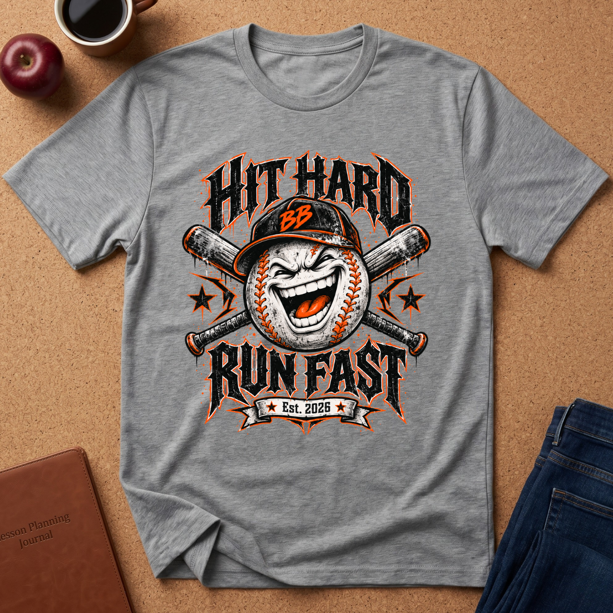 A heather gray short-sleeve t-shirt with a baseball graphic reading 'HIT HARD RUN FAST' and 'Est. 2025', styled flat-lay on a cork background with a coffee cup, apple, notebook, and jeans nearby.