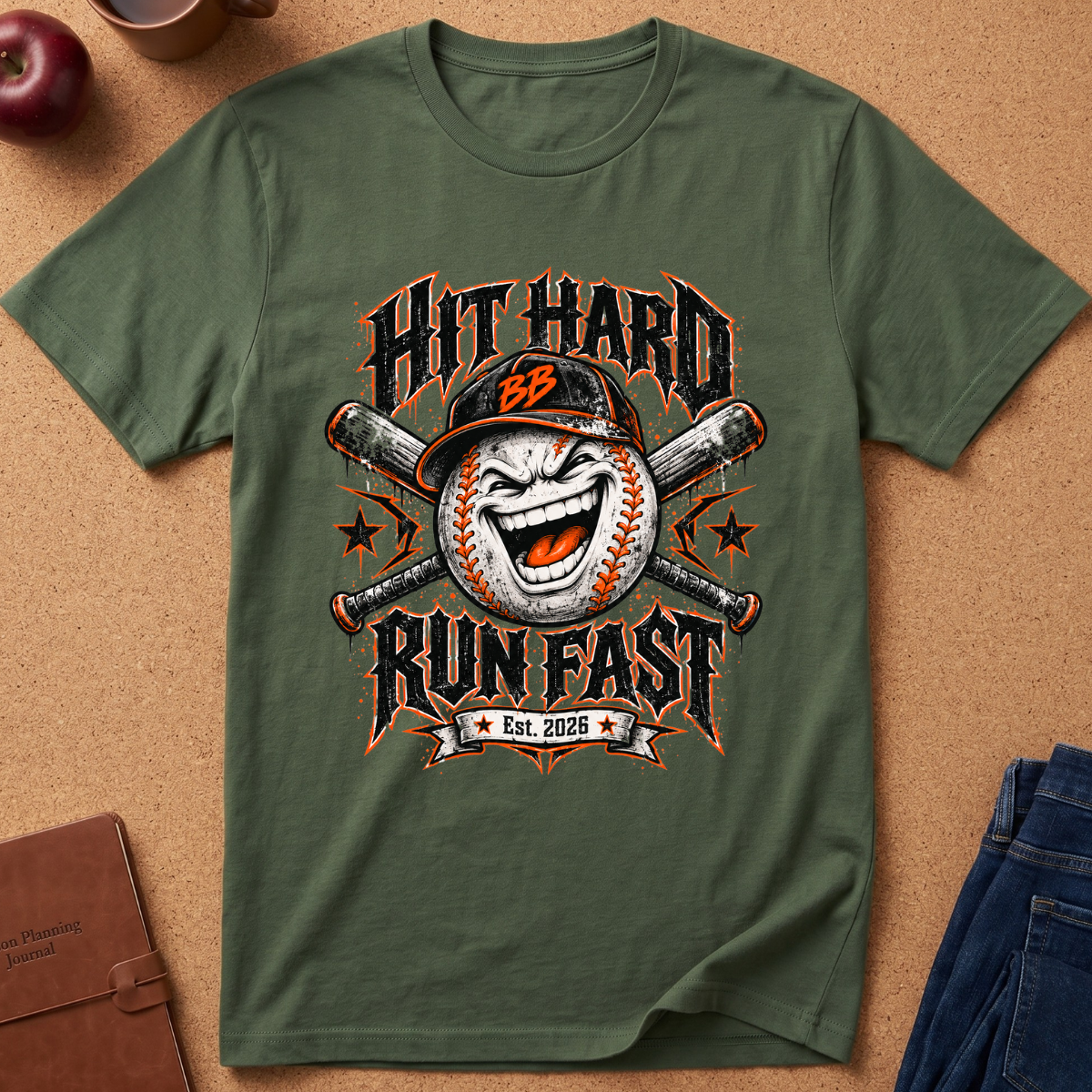 An olive green short-sleeve t-shirt with a baseball graphic reading 'HIT HARD RUN FAST' and 'Est. 2025', laid flat on a cork background with partial props visible at the edges.