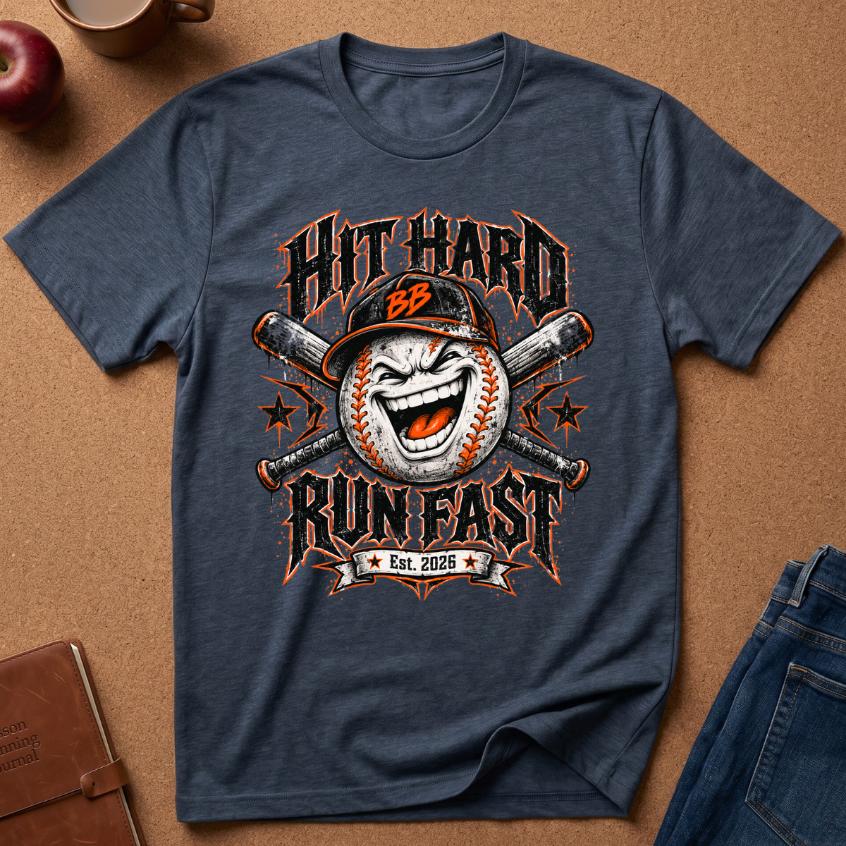 A navy blue heather graphic t-shirt laid flat on a brown cork background, styled with a leather notebook, an apple, a mug, and blue jeans. The shirt features a baseball-themed graphic with the text 'HIT HARD RUN FAST' and 'Est.