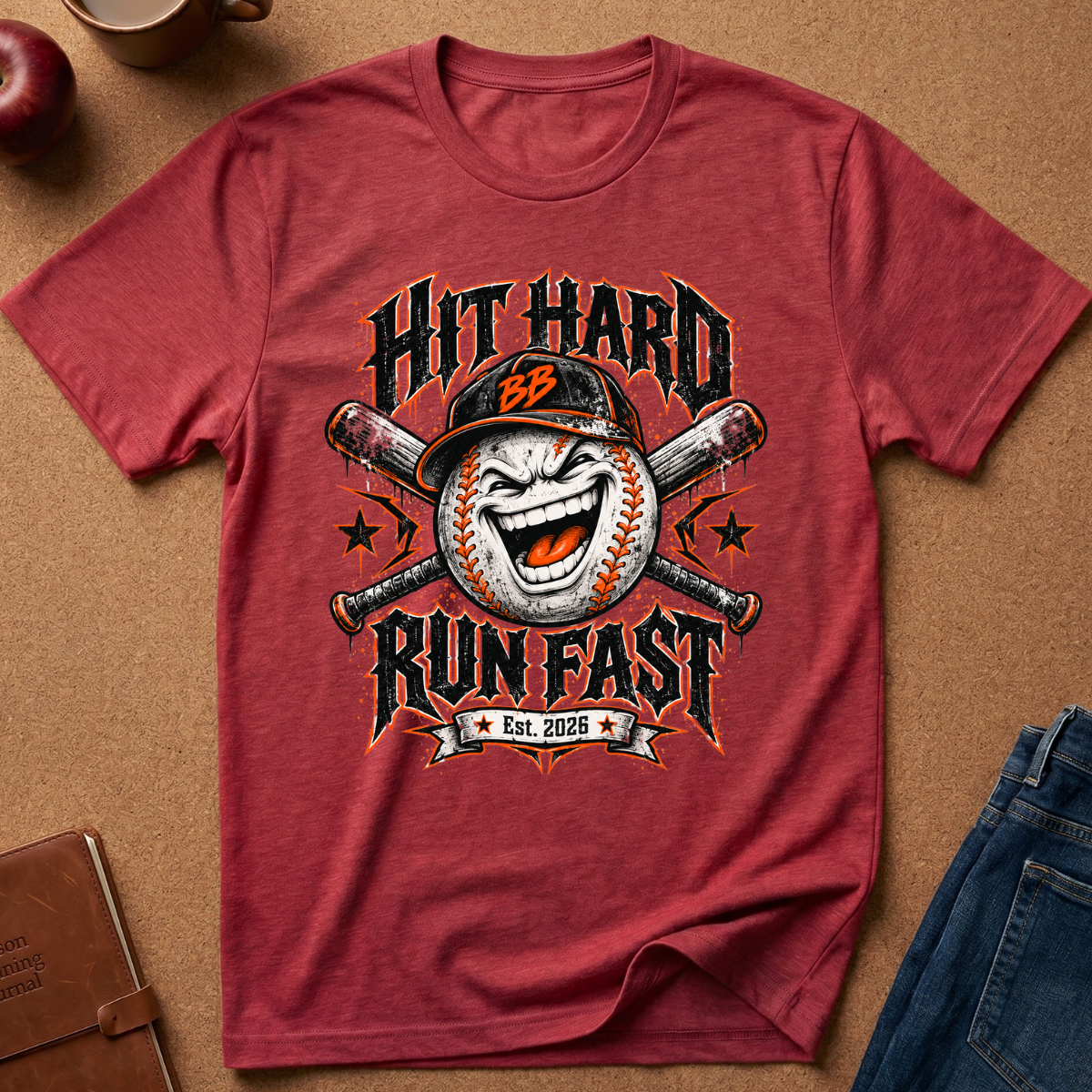 A heathered red graphic t-shirt laid flat on a brown cork background, featuring a baseball-themed design with crossed bats, a smiling baseball, and the text 'HIT HARD RUN FAST' with 'Est. 2026'.