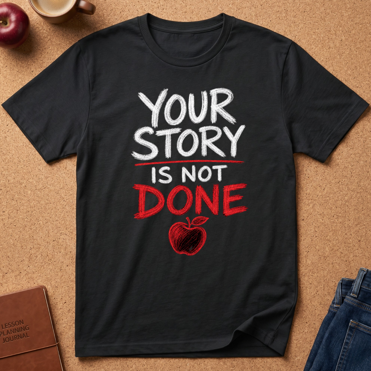 A black short-sleeve graphic T-shirt laid flat on a cork background, with the text 'YOUR STORY IS NOT DONE' in white and red lettering and a red apple illustration below. Partial props around it include an apple, a coffee cup, a journal, and jeans.