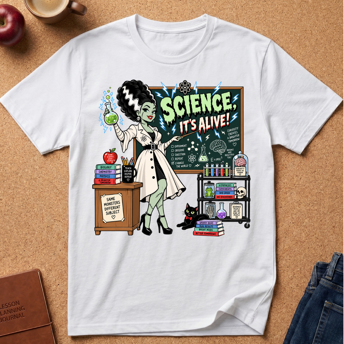 A white graphic t-shirt featuring a retro-style illustration of a green-skinned woman in a lab coat with the text 'SCIENCE IT'S ALIVE!' on a chalkboard, styled flat-lay on a cork background with props.