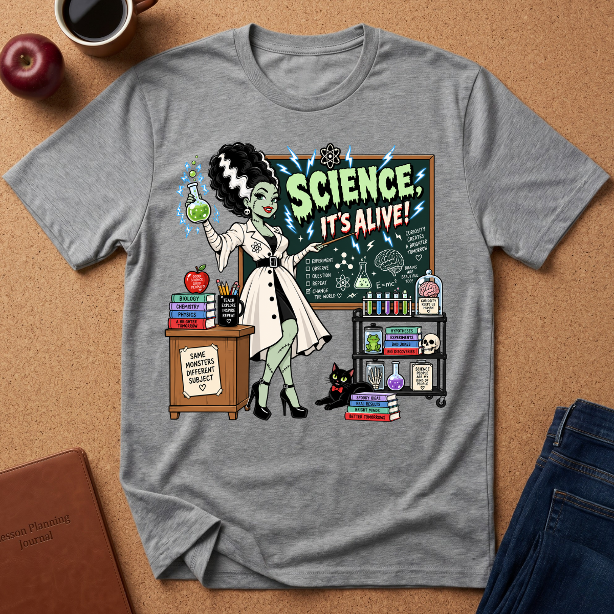 A heather gray graphic t-shirt featuring a cartoon illustration of a green-skinned woman in a lab coat with the text 'SCIENCE IT'S ALIVE!' on a chalkboard, styled in a flat lay on a cork background with an apple, coffee mug, notebook, and jeans.