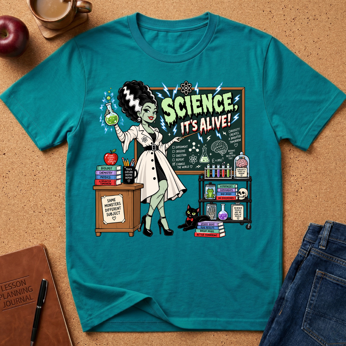 A teal short-sleeve graphic T-shirt laid flat on a cork surface, featuring a retro cartoon of a woman in a lab coat holding a flask with the text 'SCIENCE IT'S ALIVE!' above a chalkboard scene. Surrounding props include an apple, coffee cup, notebook, pen, and blue jeans.