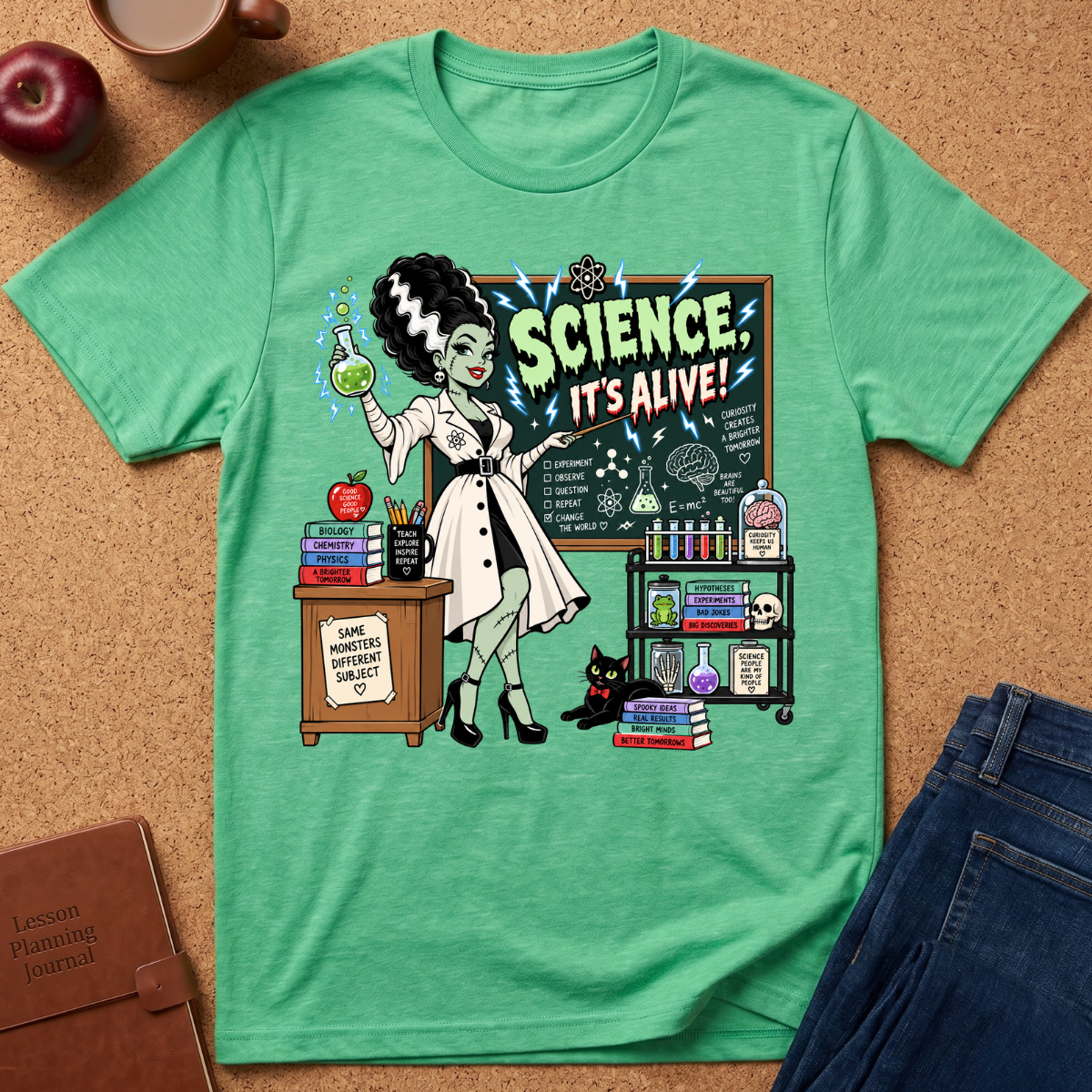 A mint green heathered graphic t-shirt laid flat on a cork background, featuring a retro-style illustration of a female scientist with an apple and potion, with the text 'SCIENCE IT'S ALIVE!'.
