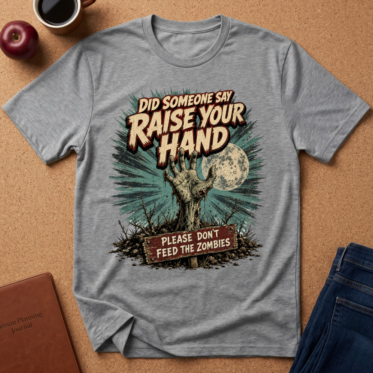 A heather gray graphic t-shirt laid flat on a cork background, featuring a zombie hand reaching up under a full moon with the text 'DID SOMEONE SAY RAISE YOUR HAND PLEASE DON'T FEED THE ZOMBIES'. Lifestyle props like an apple, coffee cup, notebook, and jeans are visible around the shirt.