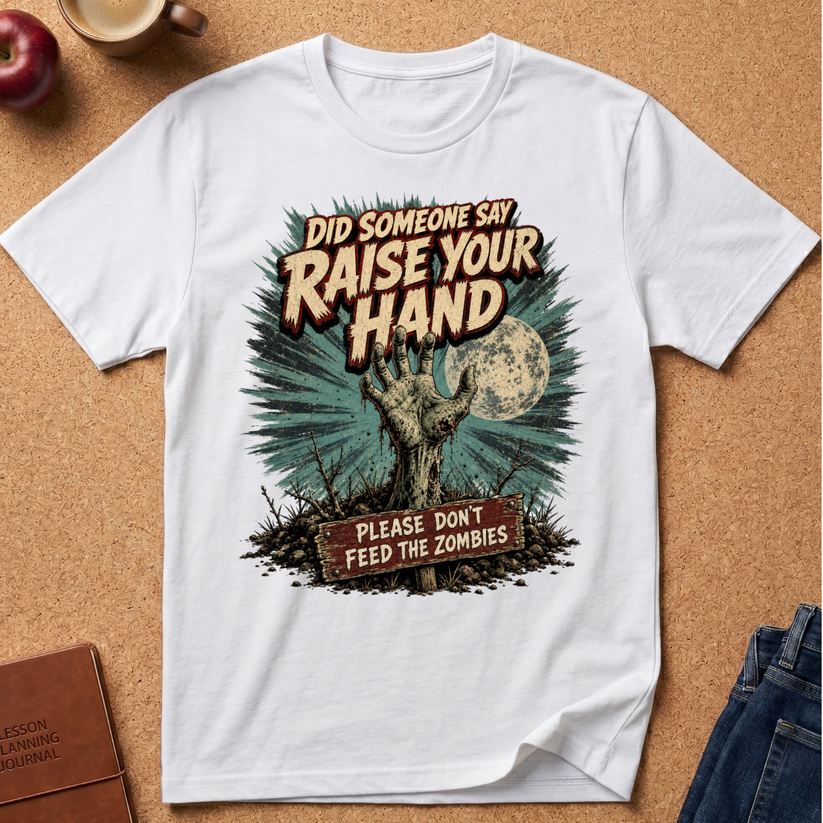 A white short-sleeve graphic T-shirt laid flat on a cork board background, featuring a distressed zombie-themed print with the text 'DID SOMEONE SAY RAISE YOUR HAND' and 'PLEASE DON'T FEED THE ZOMBIES.' Surrounding props include an apple, a cup, a notebook, and folded jeans.