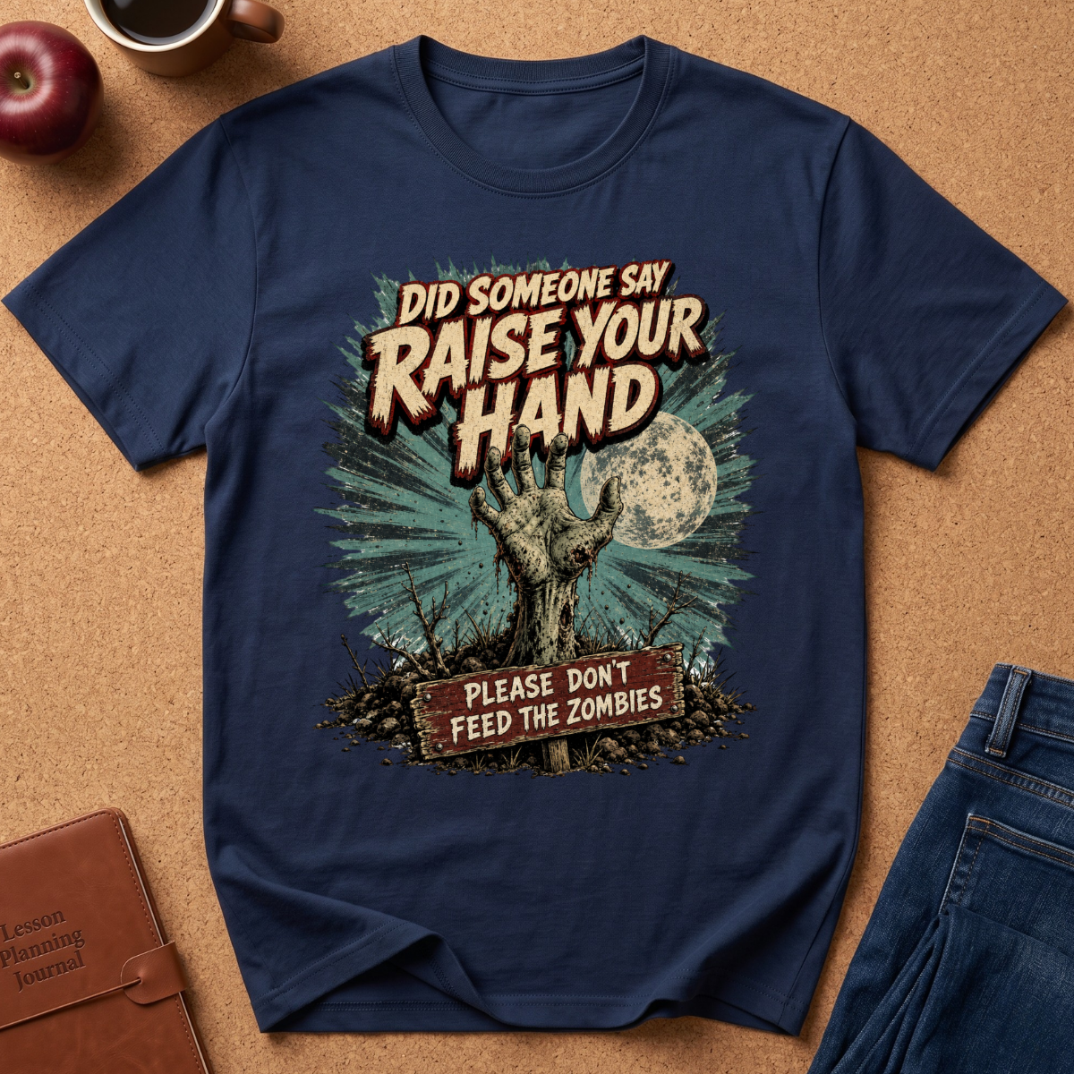 A navy blue graphic t-shirt laid flat on a brown cork background, surrounded by lifestyle props including an apple, a coffee cup, a leather journal, and the corner of blue jeans. The t-shirt features a zombie-themed graphic with the text 'DID SOMEONE SAY RAISE YOUR HAND PLEASE DON'T FEED THE ZOMBIES'.