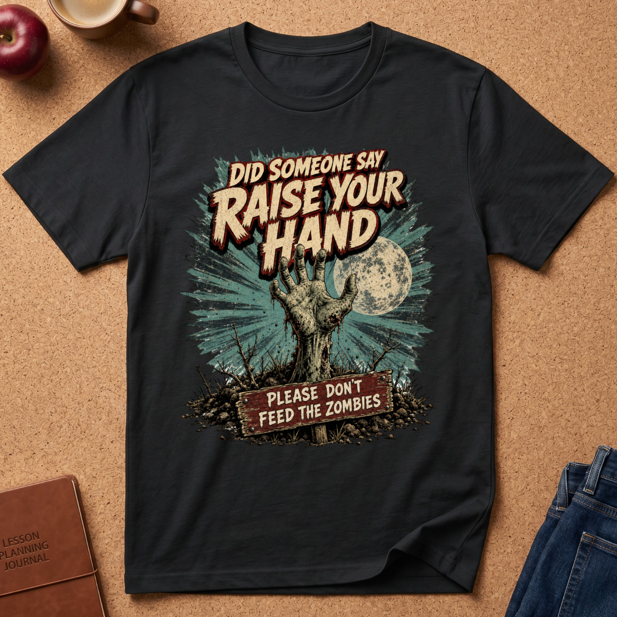 A black graphic t-shirt laid flat on a cork board background, featuring a zombie-themed design with the text 'DID SOMEONE SAY RAISE YOUR HAND PLEASE DON'T FEED THE ZOMBIES' and an illustration of a raised hand in front of a full moon.