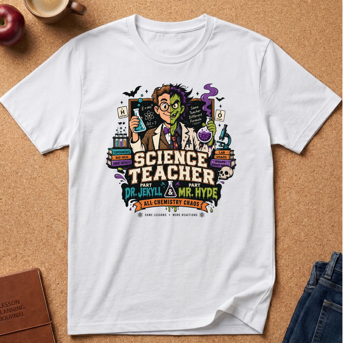 A white short-sleeve graphic T-shirt laid flat on a cork board background, featuring a colorful cartoon illustration of a science teacher with chalkboard, books, chemicals, and the text 'SCIENCE TEACHER AND DR. JENNY & MR.