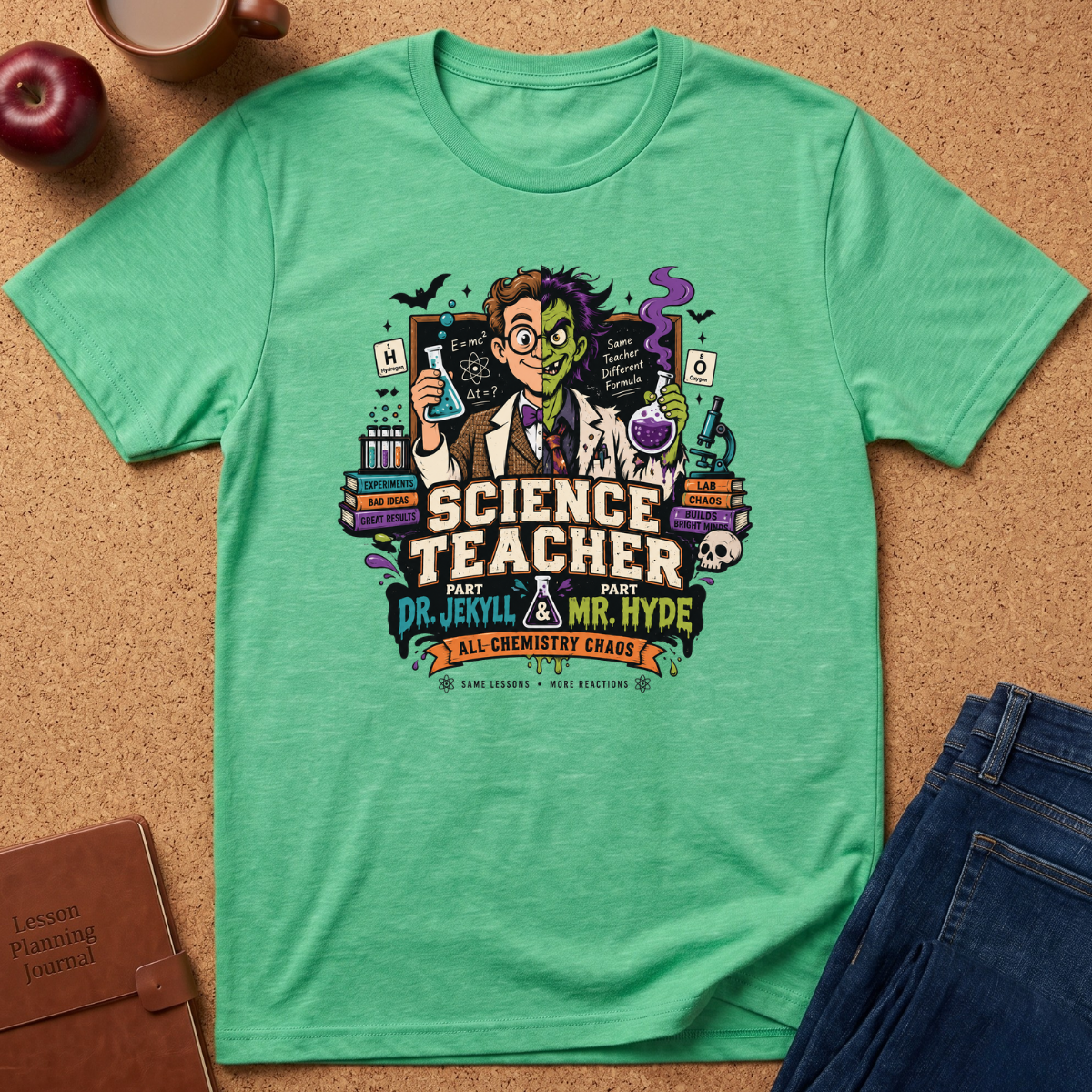 A mint green heathered t-shirt with a colorful graphic of Dr. Jekyll and Mr.