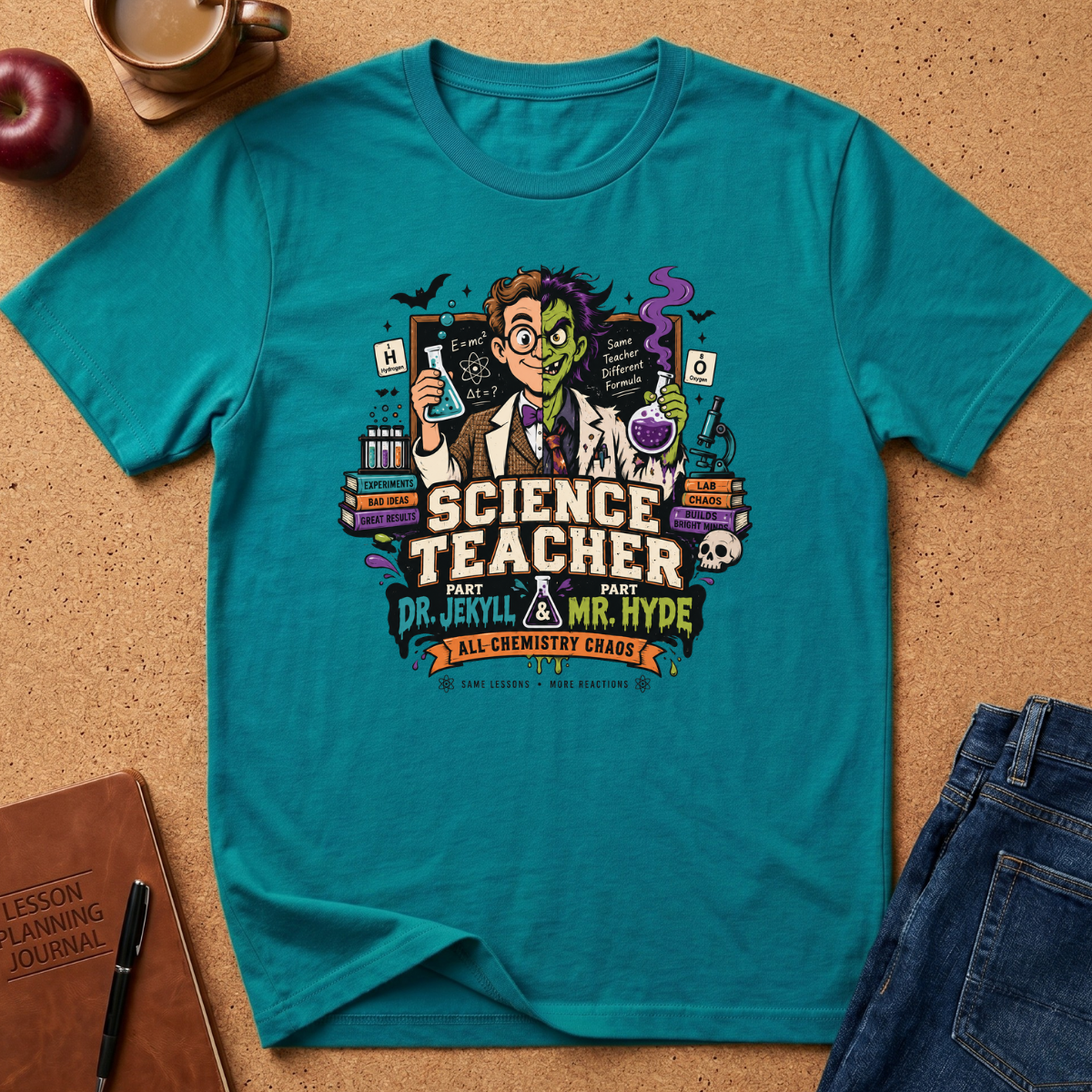 A teal short-sleeve graphic T-shirt laid flat on a cork surface with styled props including an apple, coffee cup, notebook, and jeans. The shirt features a colorful illustrated design of a nerdy science teacher with books, lab equipment, and the text 'SCIENCE TEACHER AND DR.