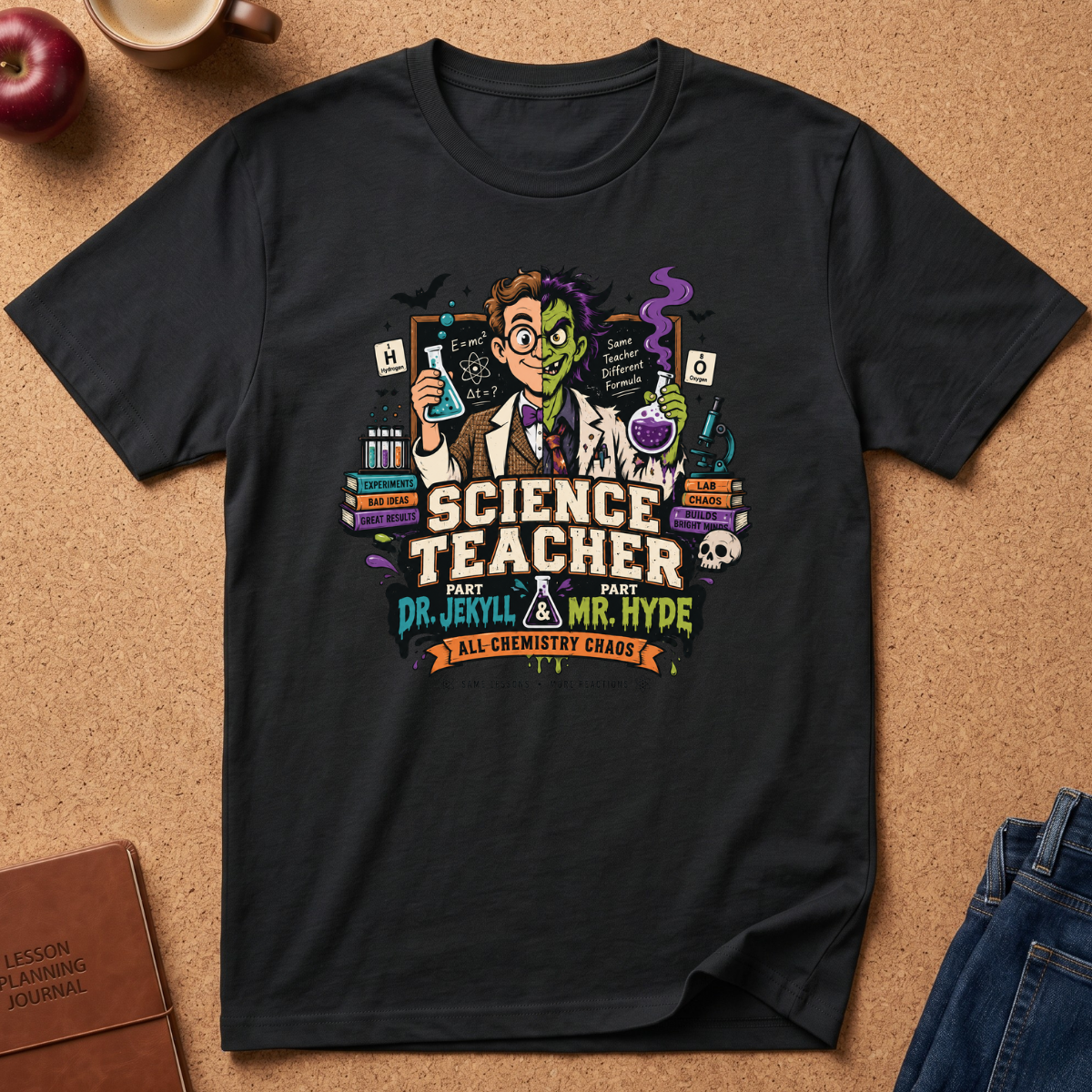 A black graphic t-shirt laid flat on a corkboard background, featuring a colorful cartoon illustration of a green-skinned science teacher holding a flask, surrounded by books, a skull, and the text 'SCIENCE TEACHER' and 'DR. JERKLY & MR.