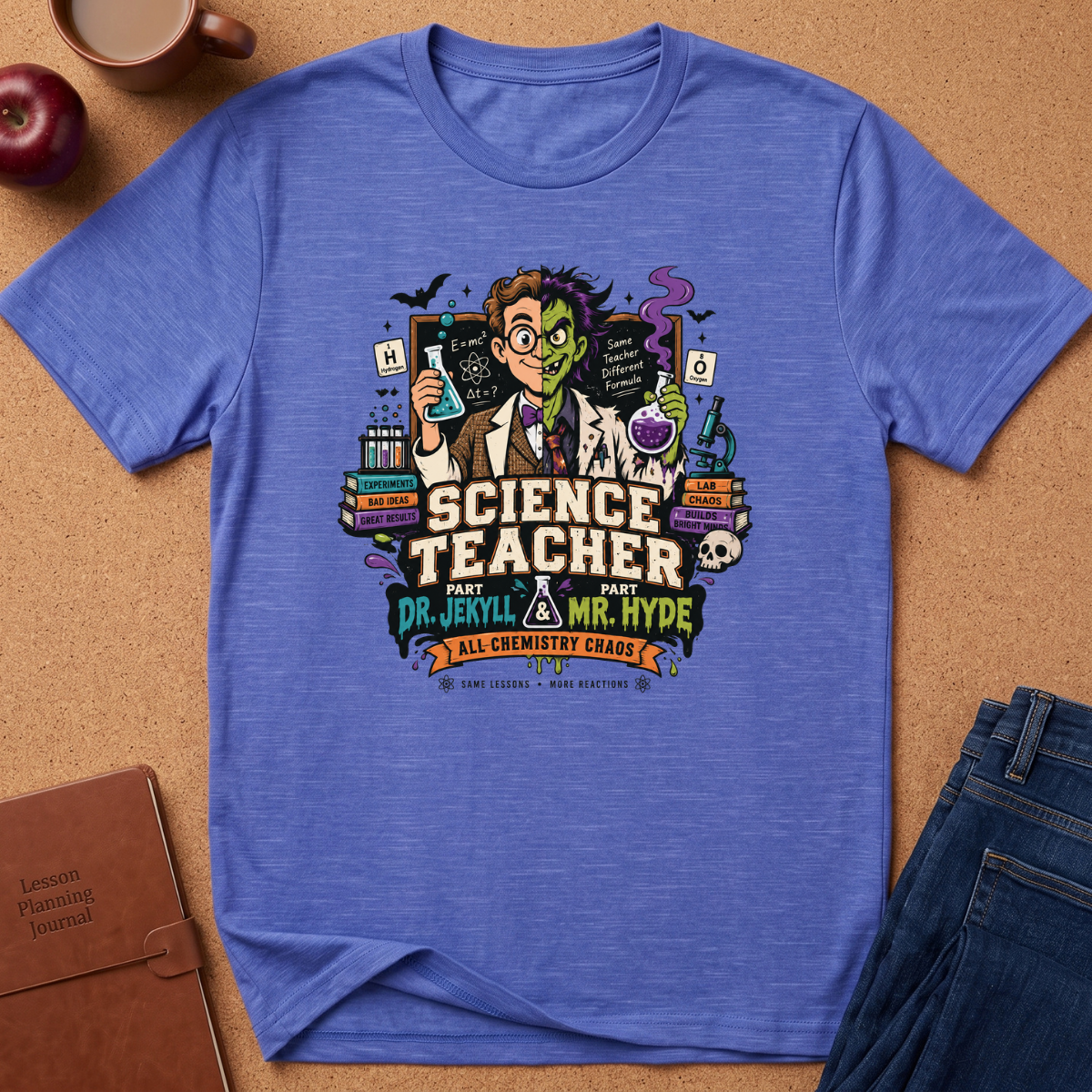 A heathered blue short-sleeve t-shirt laid flat on a brown cork background, featuring a colorful graphic of Dr. Jekyll and Mr.