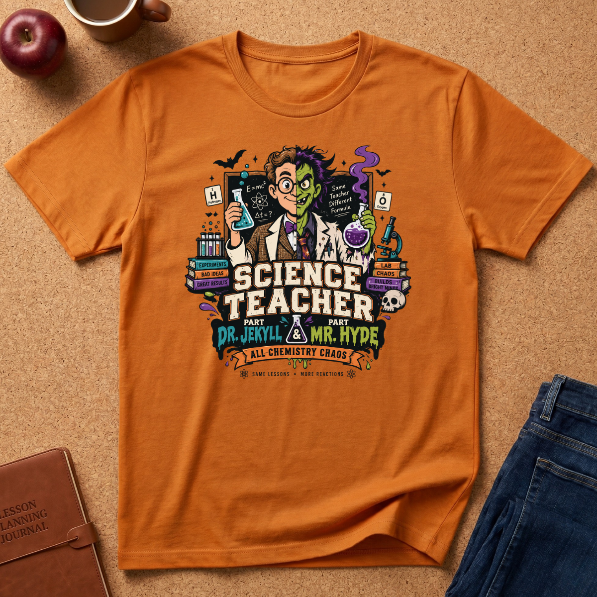 An orange short-sleeve graphic T-shirt laid flat on a tan cork-like surface, surrounded by styled props including a brown leather journal, a red apple, a coffee cup, and blue jeans. The shirt features a colorful retro-style science teacher illustration and text reading 'SCIENCE TEACHER AND DR.