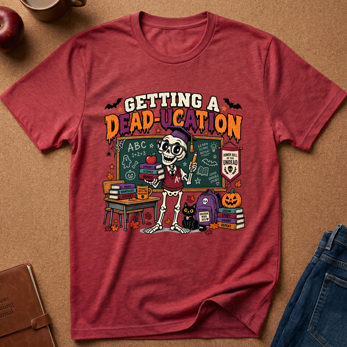 A heathered red graphic t-shirt laid flat on a brown textured surface, featuring a Halloween-themed skeleton teacher in a classroom with the text 'GETTING A DEAD-UCATION'.