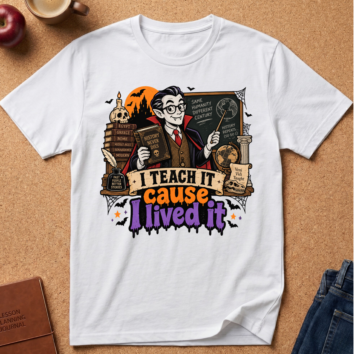 A white short-sleeve graphic T-shirt laid flat on a cork background, featuring a wizard holding books and a wand with the text 'I TEACH IT cause I lived it' in colorful lettering. Styled props including an apple, coffee cup, book, and jeans are partially visible around the shirt.