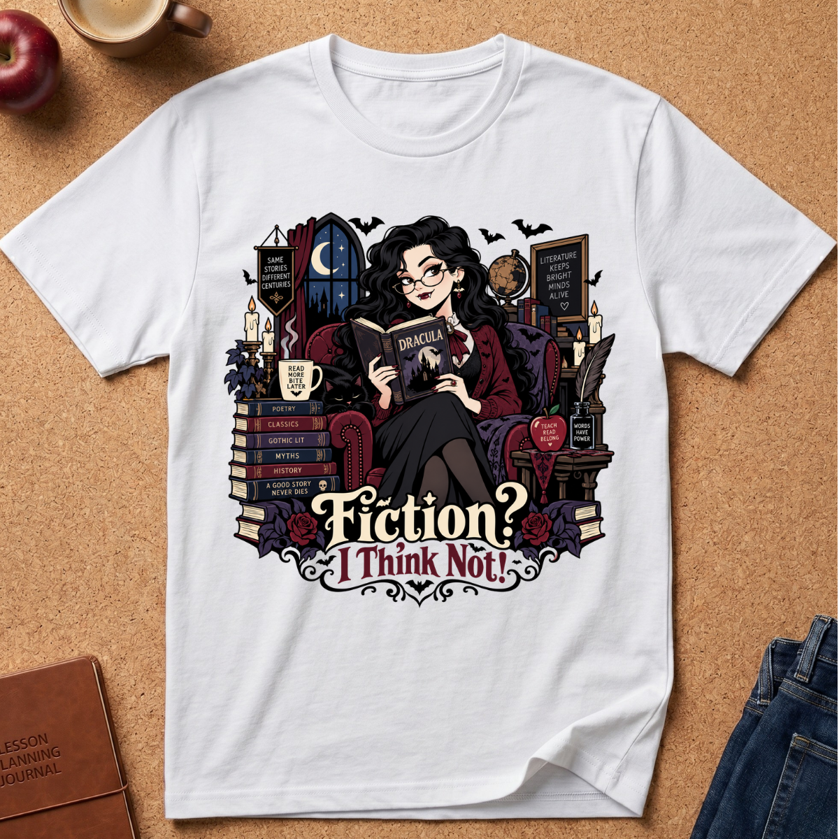A white short-sleeve graphic T-shirt laid flat on a cork background, featuring an illustrated witch reading a book surrounded by books, bats, candles, and the text 'Fiction? I Think Not!'. Real-world props like an apple, a coffee cup, a journal, and jeans are partially visible around the shirt.