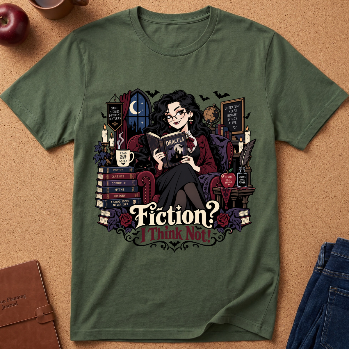 An olive green short-sleeve t-shirt with a detailed graphic of a witch reading a book in a cozy study, with the text 'Fiction? I Think Not!' printed below. The shirt is displayed flat on a cork background with lifestyle props like an apple, a notebook, and jeans.