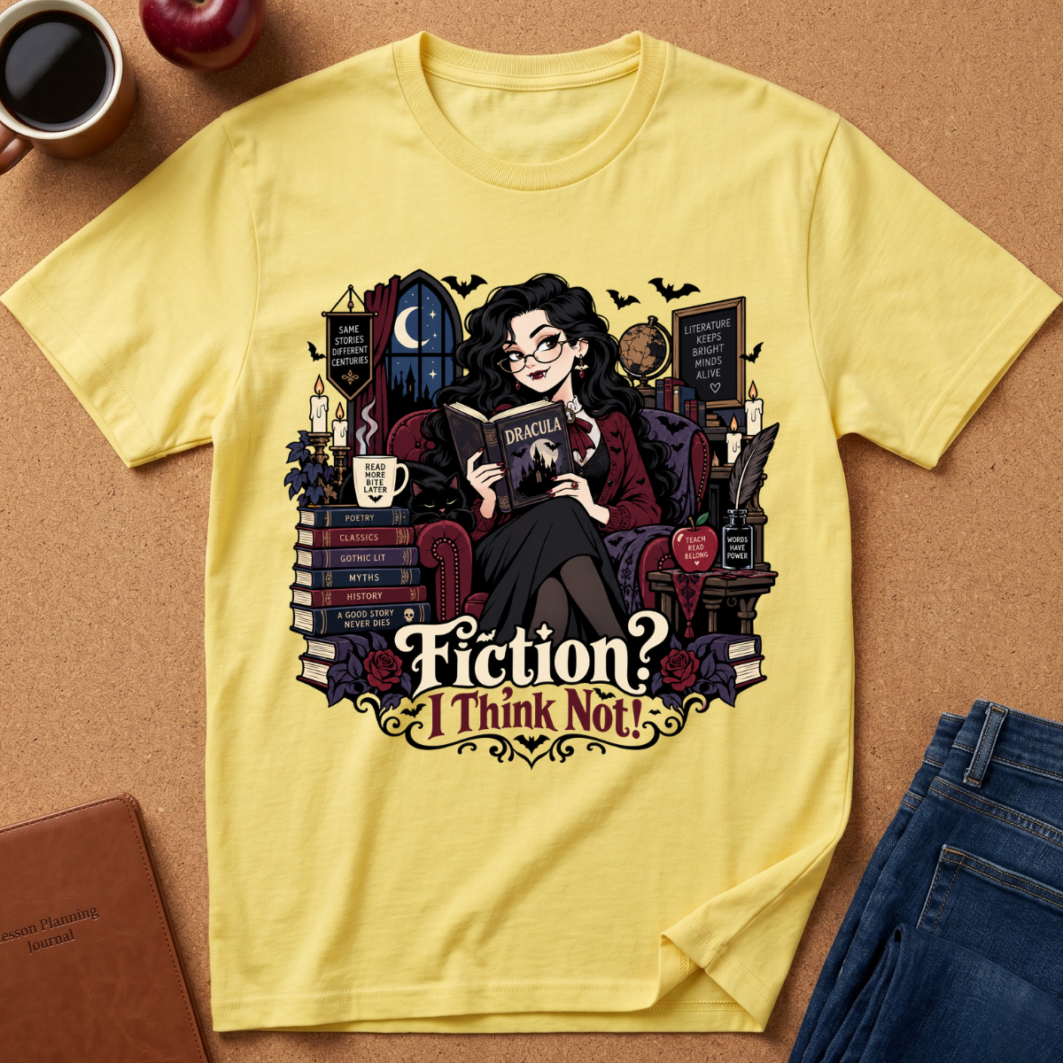 A pale yellow graphic t-shirt laid flat on a brown cork surface, surrounded by lifestyle props including a coffee mug, an apple, a notebook, and blue jeans. The t-shirt features a detailed illustration of a witch reading a book surrounded by books and bats, with the text 'Fiction? I Think Not!' printed below.