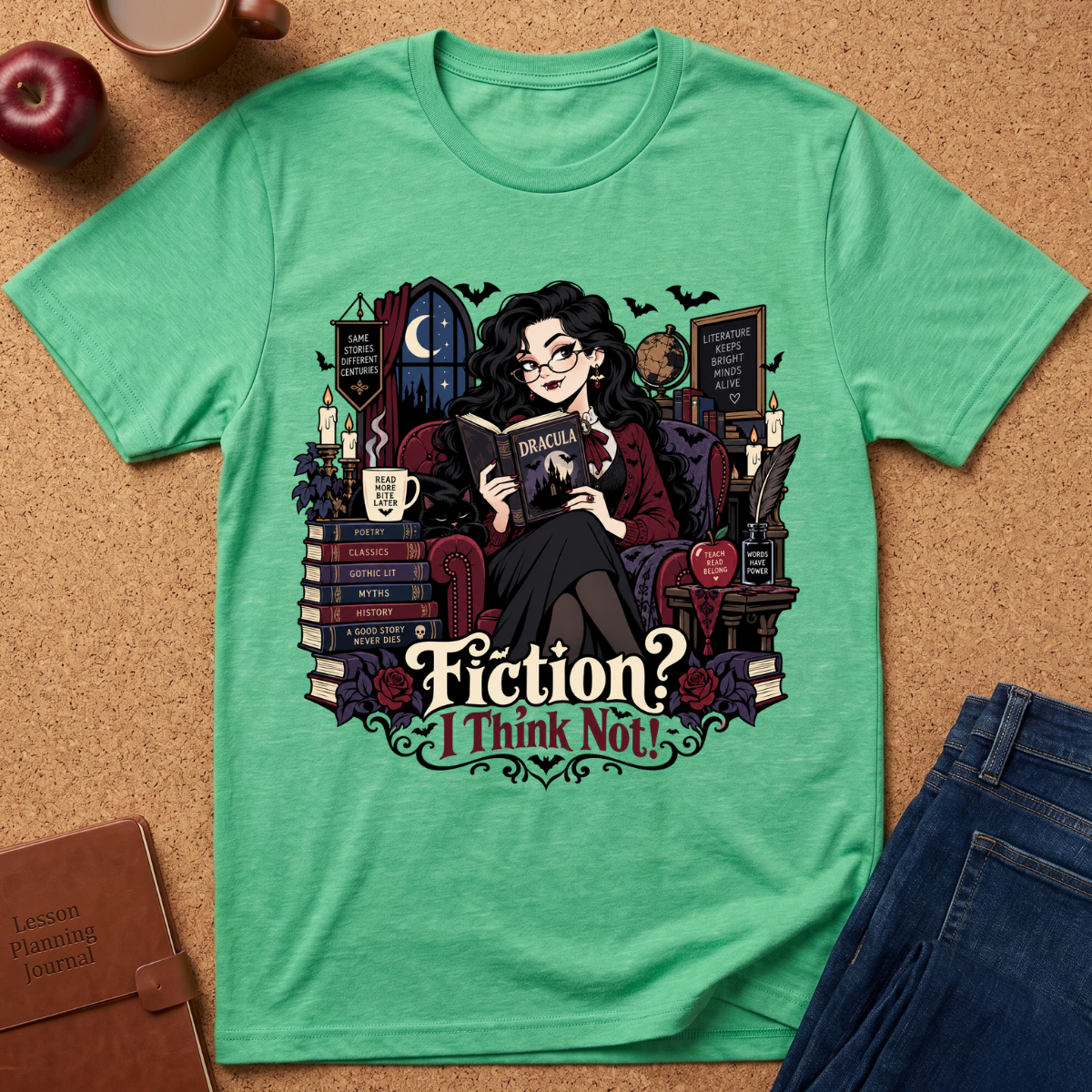A mint green short-sleeve t-shirt with a detailed graphic of a witch reading a book surrounded by books, candles, and the text 'Fiction? I Think Not!'. The shirt is displayed in a flat-lay arrangement on a cork background with props including an apple, a coffee mug, a brown journal, and blue jeans.