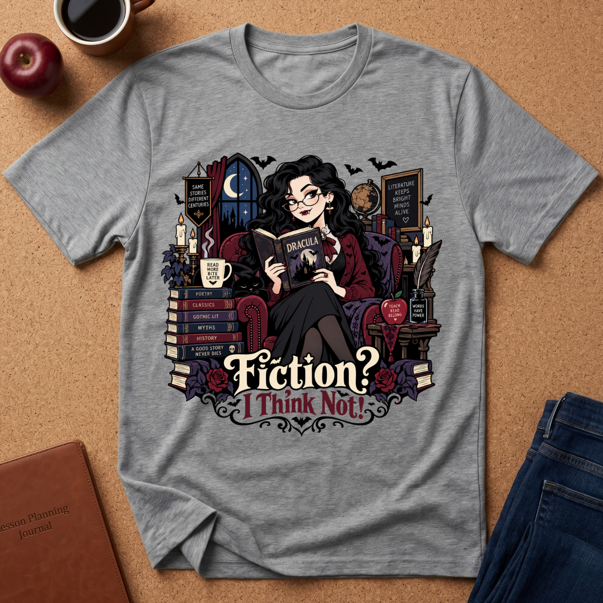 A heather gray short-sleeve t-shirt with a detailed graphic of a witch reading a book, surrounded by books, candles, and the text 'Fiction? I Think Not!'. The shirt is displayed in a flat-lay arrangement on a cork background with an apple, coffee mug, and jeans nearby.