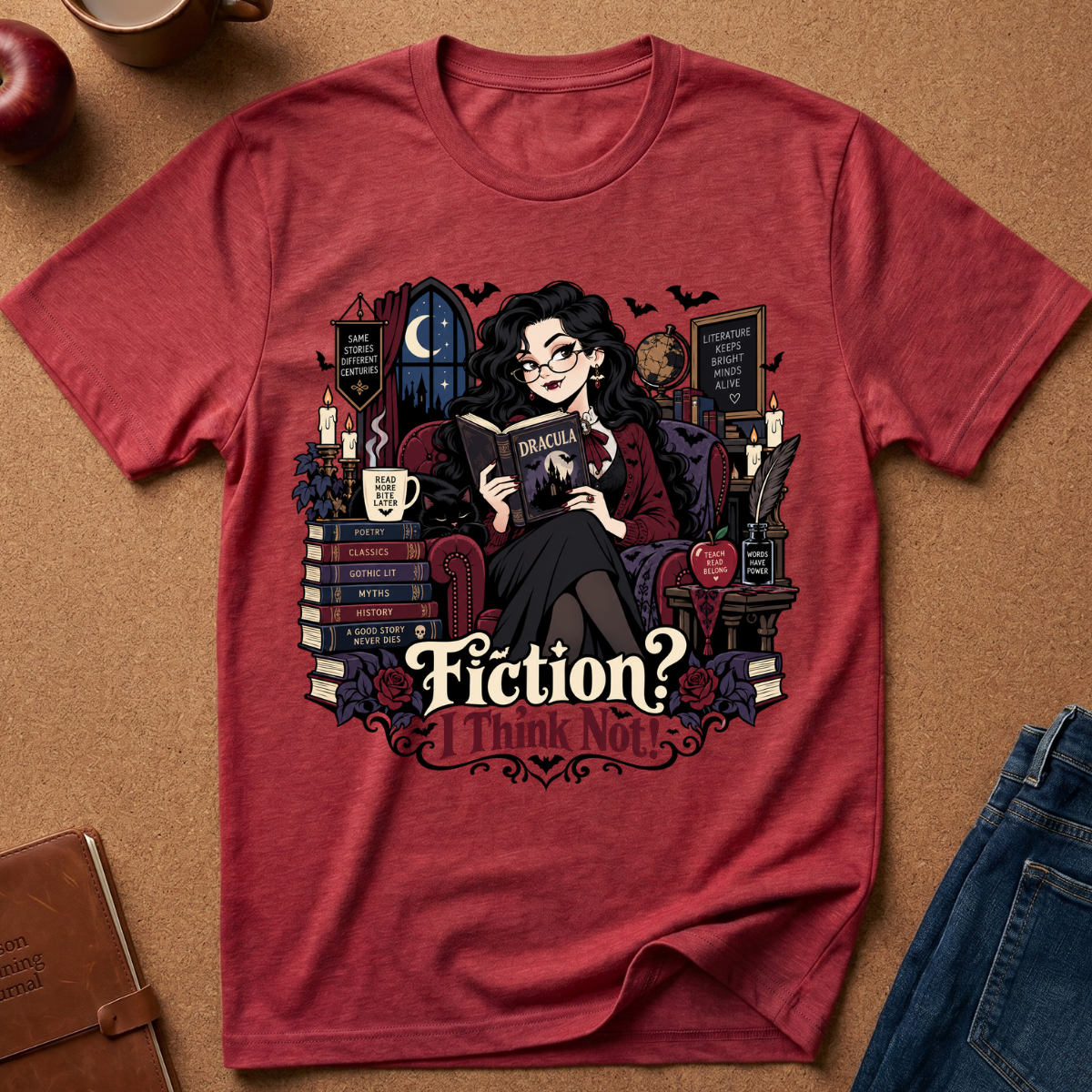 A heathered red short-sleeve t-shirt with a detailed graphic of a witch reading a book, surrounded by books, candles, and bats, with the text 'Fiction? I Think Not!' printed below. The shirt is displayed flat on a brown cork background with lifestyle props including an apple, a coffee mug, a notebook, and jeans.