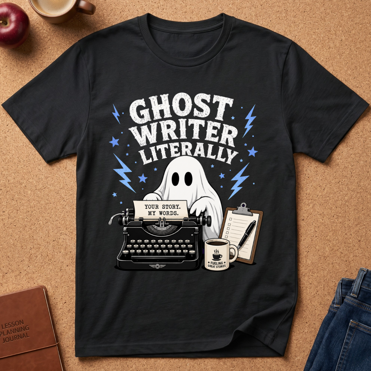A black graphic t-shirt laid flat on a cork background, featuring a ghostwriter-themed design with the text 'GHOST WRITER LITERALLY' above a typewriter, ghost, coffee mug, and lightning bolts.