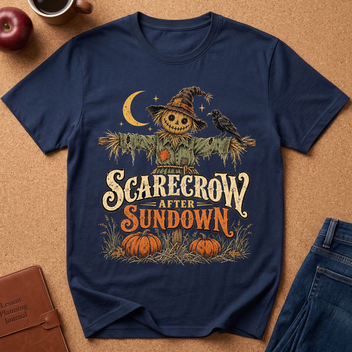 navy t-shirt with a Scarecrow in a umpkin patch design that says "Scarecrow after sundown"