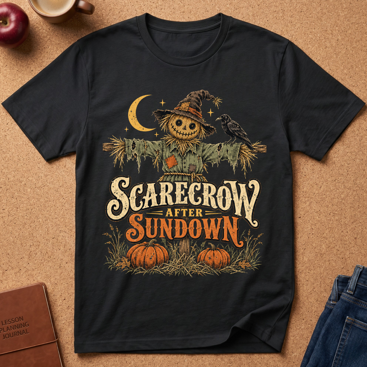 black t-shirt with a Scarecrow in a umpkin patch design that says "Scarecrow after sundown"
