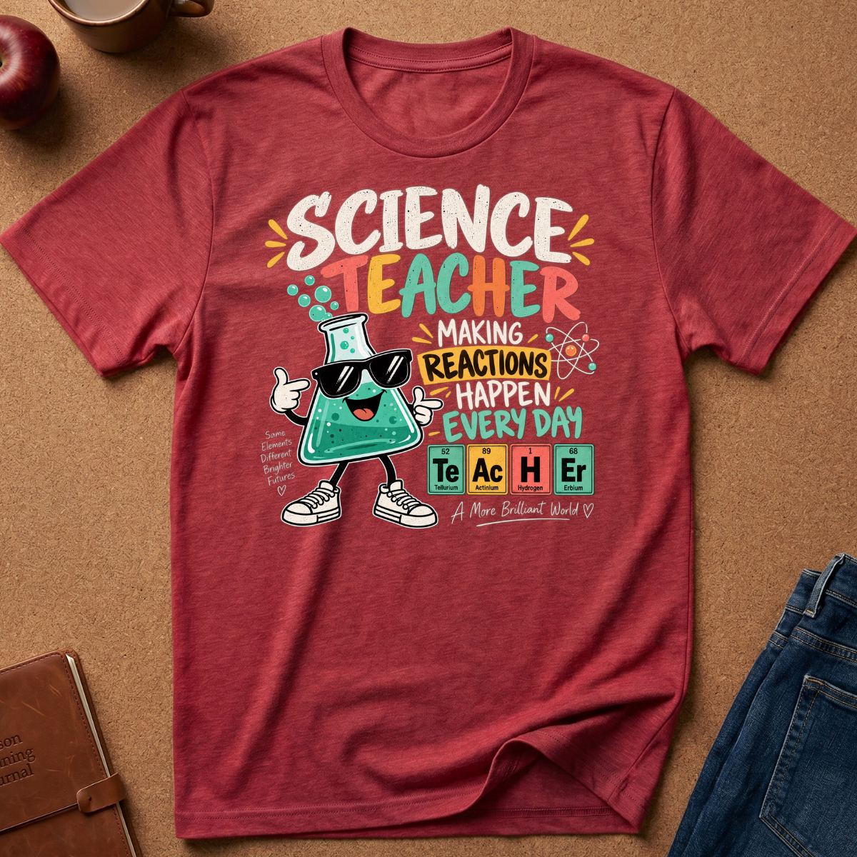 A heathered red graphic t-shirt laid flat on a brown cork background, featuring a colorful cartoon beaker character and the text 'SCIENCE TEACHER MAKING REACTIONS HAPPEN EVERY DAY' with periodic table elements. Styled flat-lay props include an apple, coffee cup, notebook, and jeans.